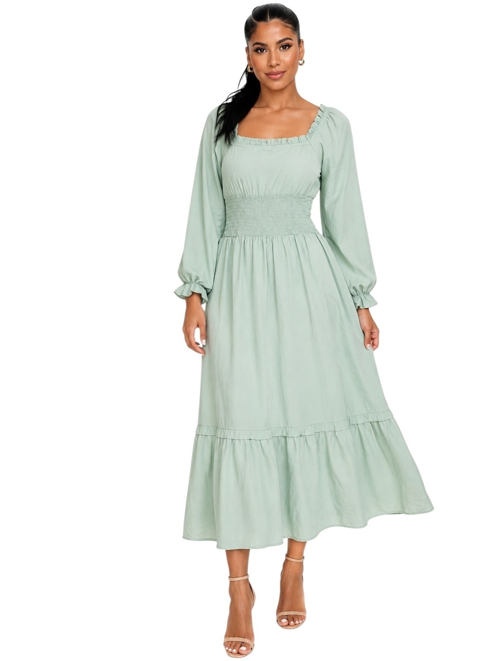 Missky Mint Green Smocked Midi Dress | Square Neck | Long Sleeve | Size S. NWT.